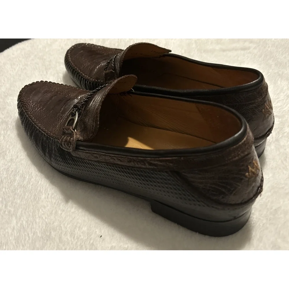 Mezlan Vesta Ostrich Leg and Woven Calfskin Moc Toe Bit Strap Loafers Brown 10.5
